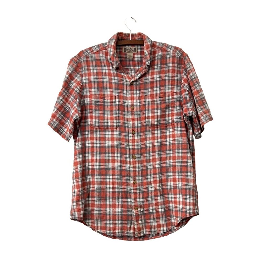Duluth Trading Mens Orange Plaid Hemp Organic Cotton Short Sleeve Button Shirt M
